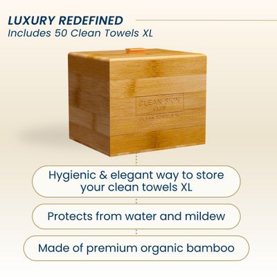 Clean Skin Club Luxe Bamboo Box with Cover &amp; Towels XL, Face Towel, Disposable Makeup Remover Dry Wipes, Facial Wash