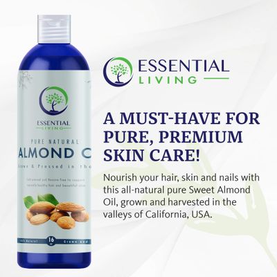 Essential Living: Sweet Almond Oil - Pure Carrier Oil for All-Natural Skin Care, Moisturizer, Makeup Remover, Oil Cleansing and More - 16OZ - Cold Pressed - No Hexane - Made in the USA