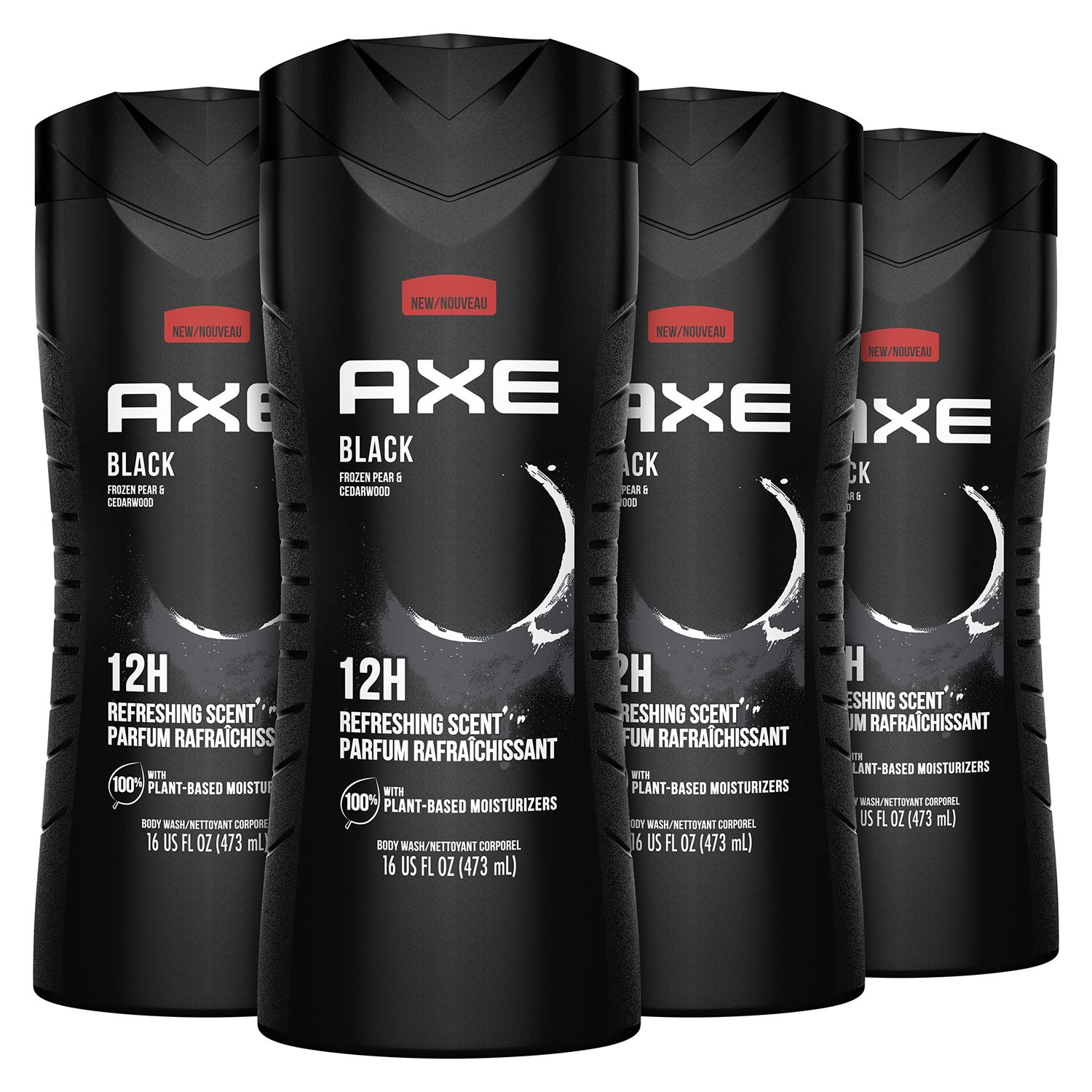 AXE Body Wash Black 4 Count 12h Refreshing Scent Cleanser Frozen Pear &amp; Cedarwood Men&#39;s Body Wash with 100% Plant-Based Moisturizers 16 oz