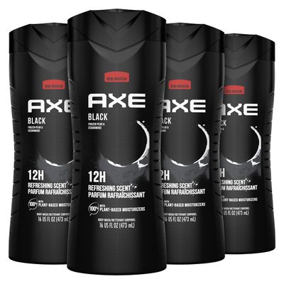 AXE Body Wash Black 4 Count 12h Refreshing Scent Cleanser Frozen Pear &amp; Cedarwood Men&#39;s Body Wash with 100% Plant-Based Moisturizers 16 oz