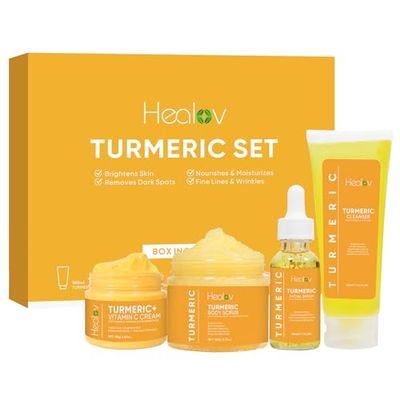 Healov Turmeric Skincare Set - Turmeric Skin Care Products Brightening &amp; Acne - Turmeric Skin Care Kit, Turmeric Skin Care Set - Turmeric Cleanser, Body Scrub, Face Cream &amp; Facial Serum
