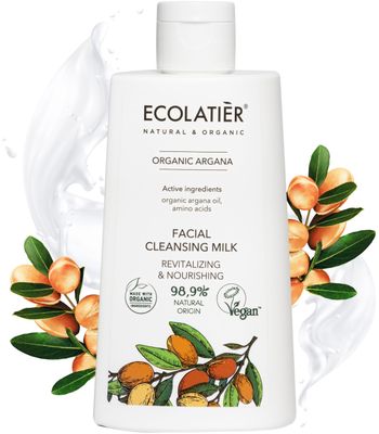 ECOLATIR Facial Cleansing Milk Revitalizing &amp; Nourishing Organic Argan - Gentle Face Wash &amp; Makeup Remover, Hydrating Facial Cleanser for Women &amp; Men, 98.9% Natural, Vegan 8.5 Fl Oz