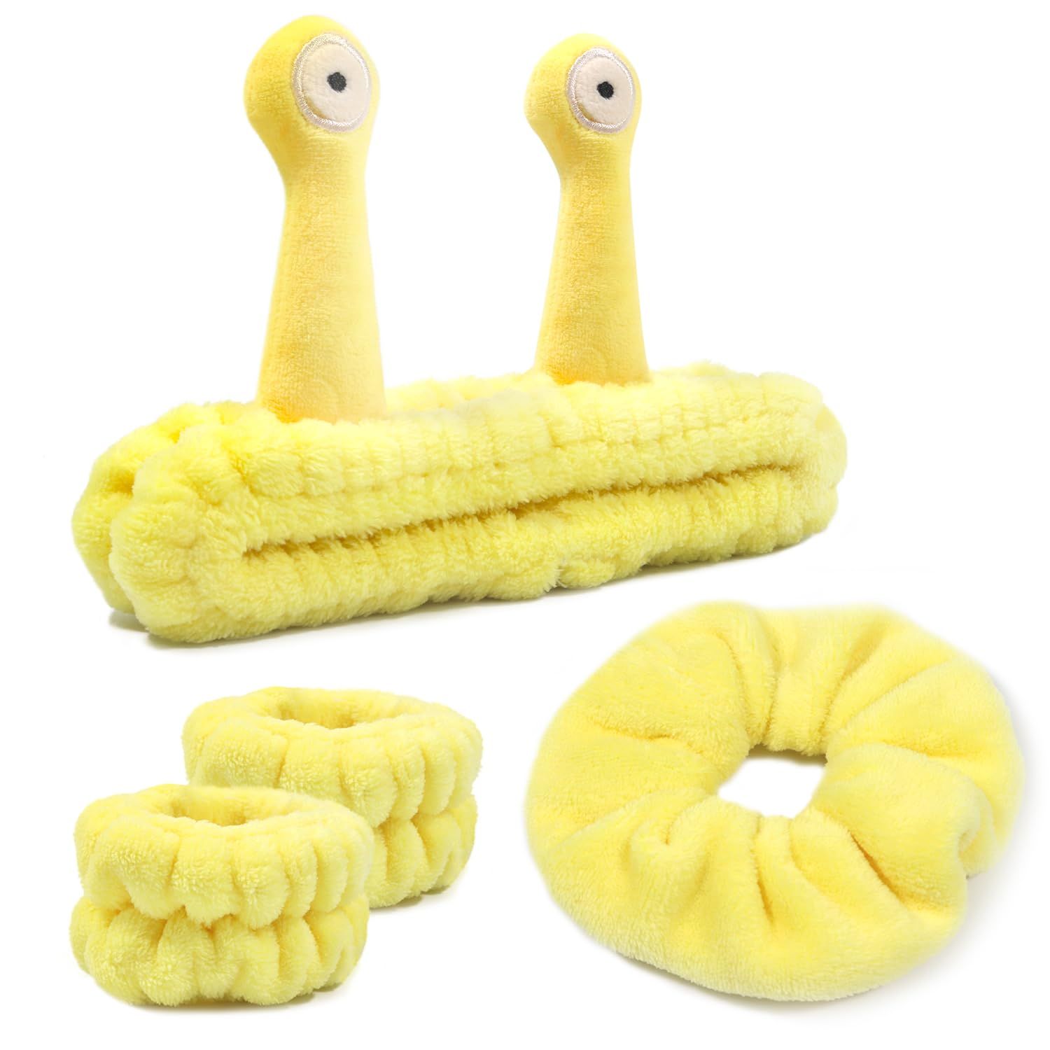 Face Wash Headband, Skincare Headband Wrist Bands For Washing Face Set Spa Hair Bands come with a Hair Scrunchie, Cute Yellow snail tentacle Elastic Headband, For Face Washing Makeup Skincare (Yellow)