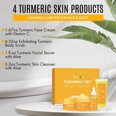Healov Turmeric Skincare Set - Turmeric Skin Care Products Brightening &amp; Acne - Turmeric Skin Care Kit, Turmeric Skin Care Set - Turmeric Cleanser, Body Scrub, Face Cream &amp; Facial Serum