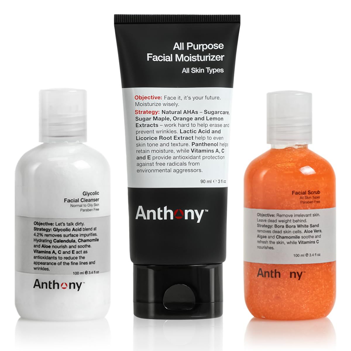 Anthony Face It &amp; Go Kit, Set Includes Glycolic Facial Cleanser 3.4 Fl Oz. All Purpose Facial Moisturizer 3 Fl Oz. Facial Scrub 3.4 Fl Oz.