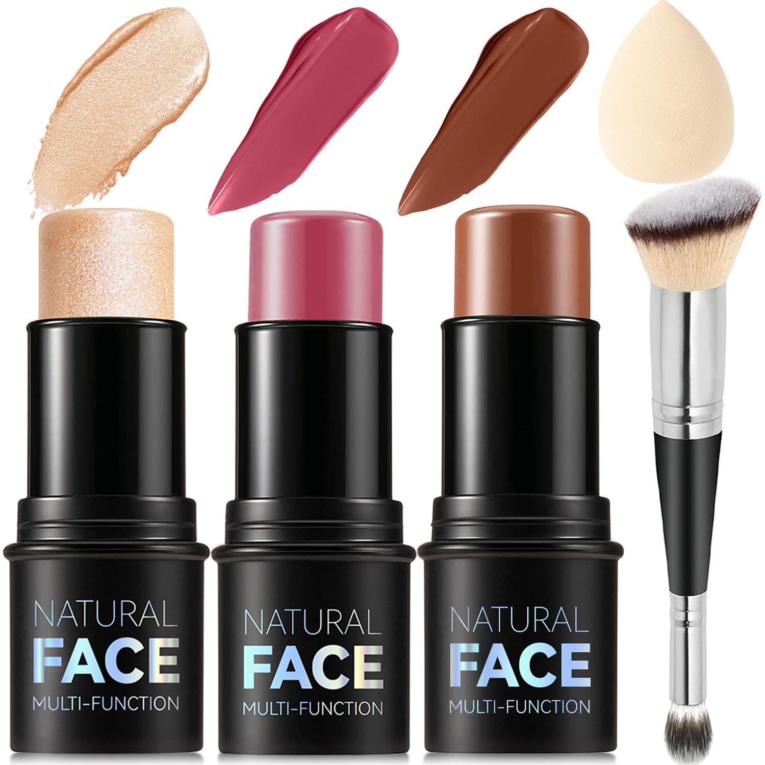 3Pcs Cream Contour Stick Makeup Kit, Shades with Highlighter Stick, Blush Stick and Bronzer Contour Stick for Sculpt the Cheeks, Long Lasting, Waterproof, Matte &amp; Dewy Finish, LIGHT FAIR(8+10+12)