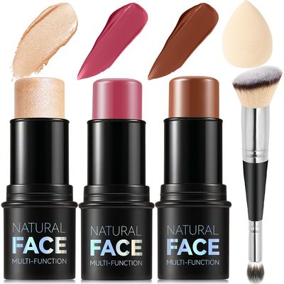 3Pcs Cream Contour Stick Makeup Kit, Shades with Highlighter Stick, Blush Stick and Bronzer Contour Stick for Sculpt the Cheeks, Long Lasting, Waterproof, Matte &amp; Dewy Finish, LIGHT FAIR(8+10+12)