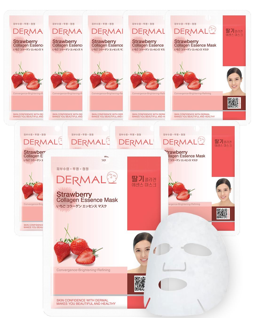 DERMAL Strawberry Collagen Essence Facial Mask Sheet 23g Pack of 10 - Pore Tightening &amp; Sebum Control for Oily Skin, Hydrating Daily Skin Treatment Solution Sheet Mask