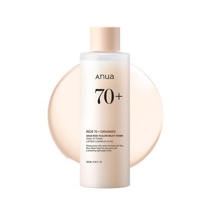 ANUA Rice 70 Glow Milky Toner, for Glass Skin, Rice Water, Niacinamide, Ceramides, Panthenol, Fragrance-Free, Non comedogenic, Fungal Acne Safe, Korean Skin Care, 250ml/8.45fl.oz.