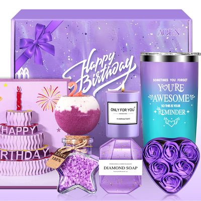 Birthday Gifts for Women Friendship, Aoen Unique Happy Birthday Gifts for Best Friends Women, Mom, Sister, Wife, Coworker, 7P Purple Self Care Spa Gifts Baskets for Christmas, Valentines, Mothers Day