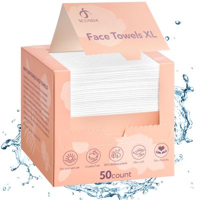 Face Towelettes Disposable, SCUNDA Disposable Face Towels, Super Soft and Thick Biodegradable Face Towels for Drying Face, Makeup Removing, Extra Large Facial Wipes for Sensitive Skin,10&quot;10&quot;,50 Count