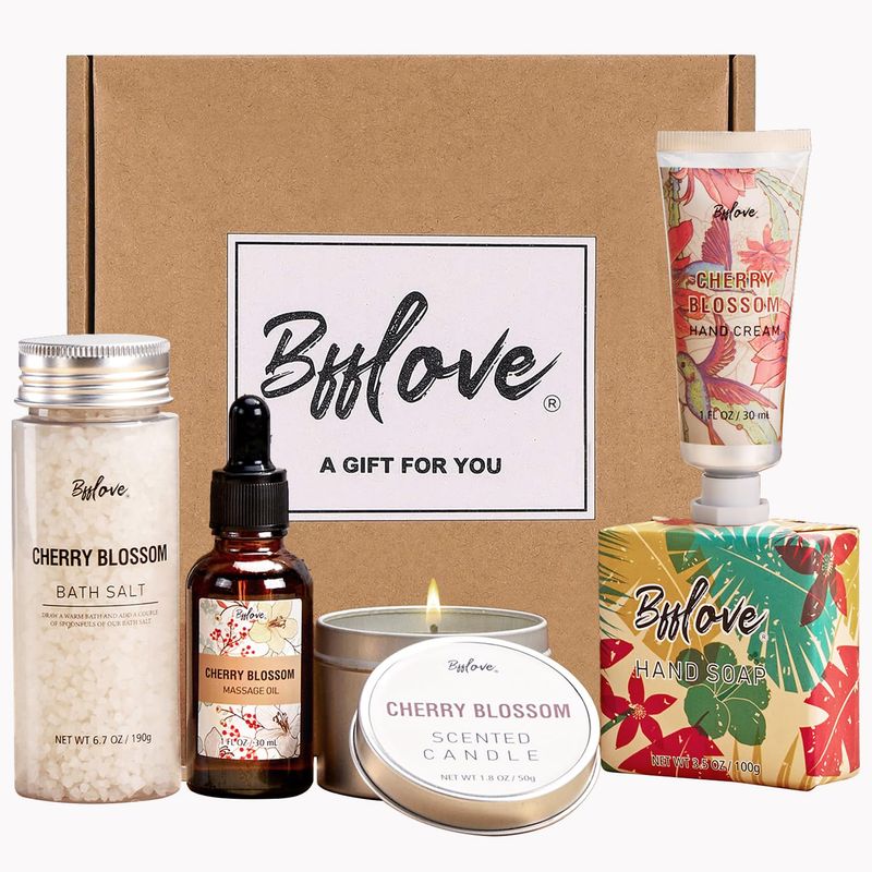 Gifts for Women BFFLOVE Gift Set for Women 5pcs Cherry Blossom Spa Set, Birthday Gifts for Women with Massage Oil, Scented Candle, Bath Salts, Hand Cream, Christmas gifts