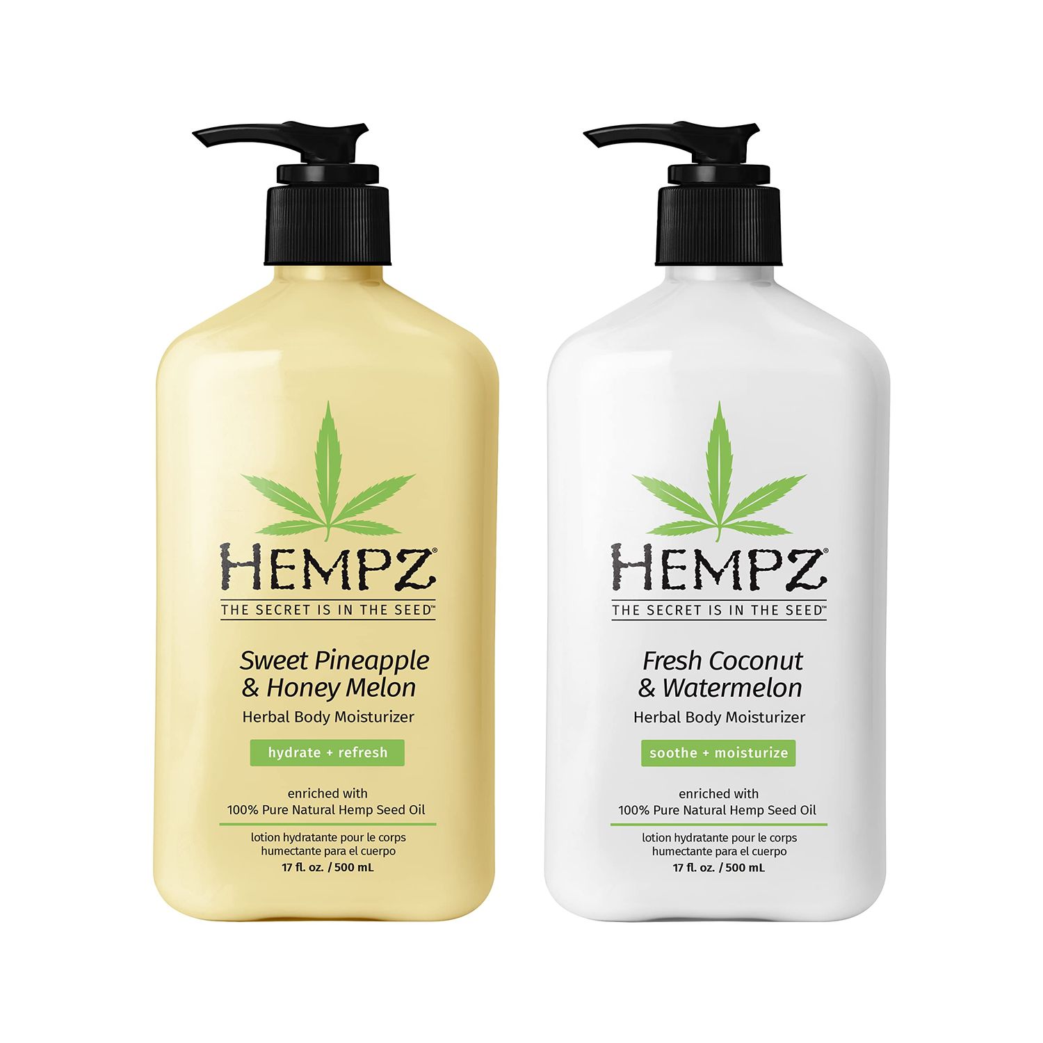 Hempz Body Lotion - Sweet Pineapple &amp; Honey Melon + Coconut &amp; Watermelon Daily Moisturizing Cream, Shea Butter, Aloe - Skin Care Products, Hemp Seed Oil - 17 fl oz, 2-Pack Bundle
