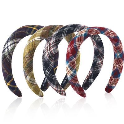 4Pcs Padded Headbands for Women Girls Cute Thick Plaid Hairband Adult Set Black Red Navy Blue Yellow Skincare Hair Hoop Wide Non Slip Soft Headwear Cloth Bulk Fashion Accessories Makeup Christmas Gift