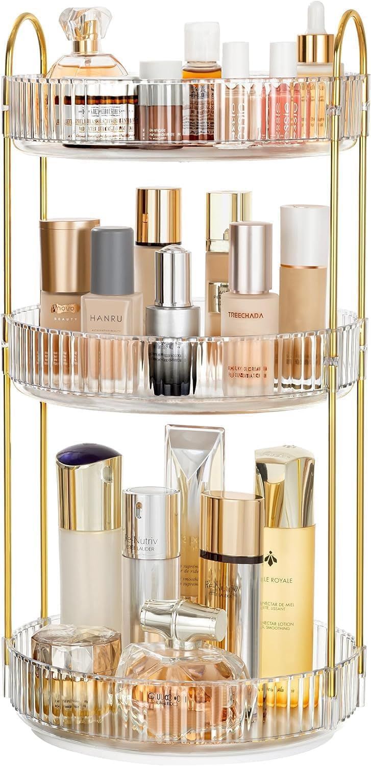 HBlife 360 Rotating Makeup Organizer, 3 Tier Spinning Perfume Skincare Organizer Large Capacity Cosmetic Storage for Bathroom, Vanity, Countertop, Clear