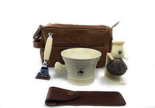 G.B.S Men's Deluxe Grooming Ivory Set- 5 Blade Razor with Travel Case, Synthetic Bristle Brush and Stand, 4.5in Diameter Ceramic Mug, Mesh Toiletry Travel Bag ahd Natural Glycerin Shave Soap