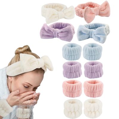GRITOSE 12 PCS Headband &amp; Wristband SetBow Makeup Headband for Washing Face,Soft Makeup Skin Care Hair Accessories for Girls, Bubble Make Up Sleepover Party Supplies (White Pink Blue Purple)