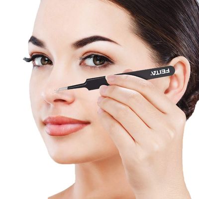 Blackhead Acne Extraction Tweezers - FEITA Pro &amp; Surgical-Grade Stainless Steel Bend Curved Comedone Extractor Tweezer Tool for Remove Whitehead and Clogged Pores, Pimple - Black