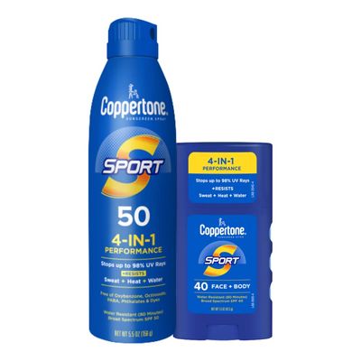 Coppertone Sport Sunscreen Pack, Water Resistant Sunscreen, Sport Sunscreen Spray SPF 50, 5.5 Oz Can + Sport Sunscreen Stick SPF 40, Body and Face Sunscreen Stick, 1.5 Oz