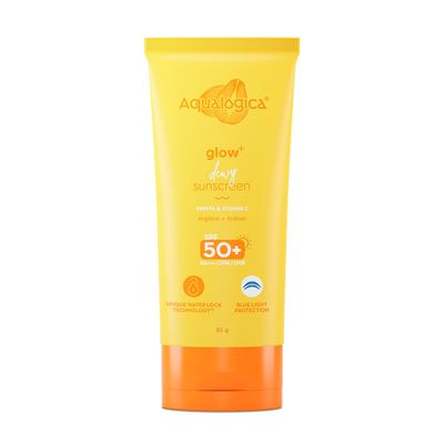 Aqualogica Glow+ Dewy Face Sunscreen with SPF 50+ &amp; PA++++ | Blue Light Protection &amp; No White Cast | Helps Give Glowing Skin with Papaya &amp; Vitamin C | 2.82 Oz/80g