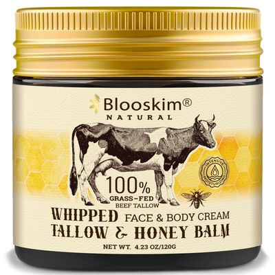 Blooskim Beef Tallow and Honey Balm, 4.23 oz, Whipped Grass Fed Beef Tallow Face Moisturizer, Unscented/Herb-Infused for Women and Men