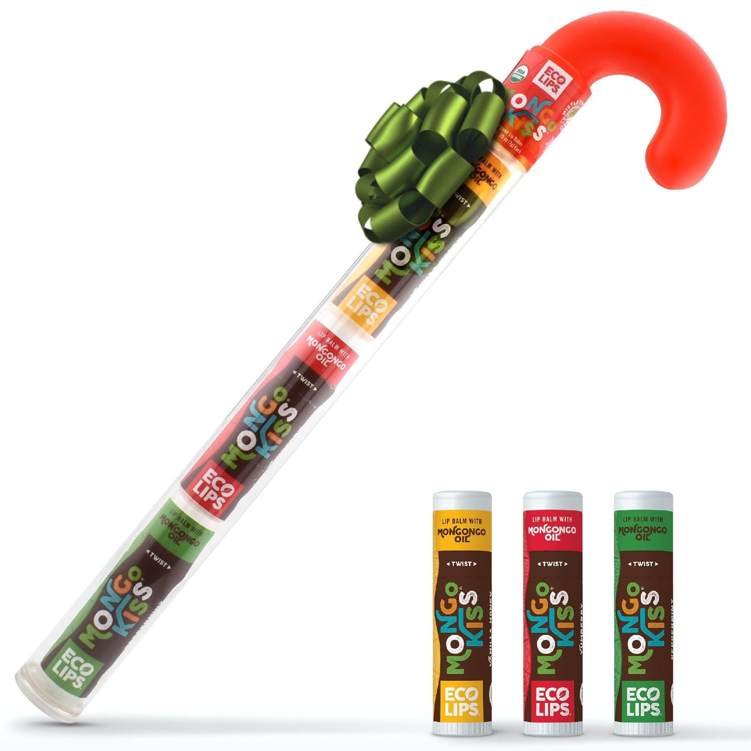 Eco Lips Novelty Plastic Candy Cane Gift Set for Holidays &amp; Christmas Gifts, Stocking Stuffers | Mongo Kiss Organic Lip Balm 3-count Gift Set