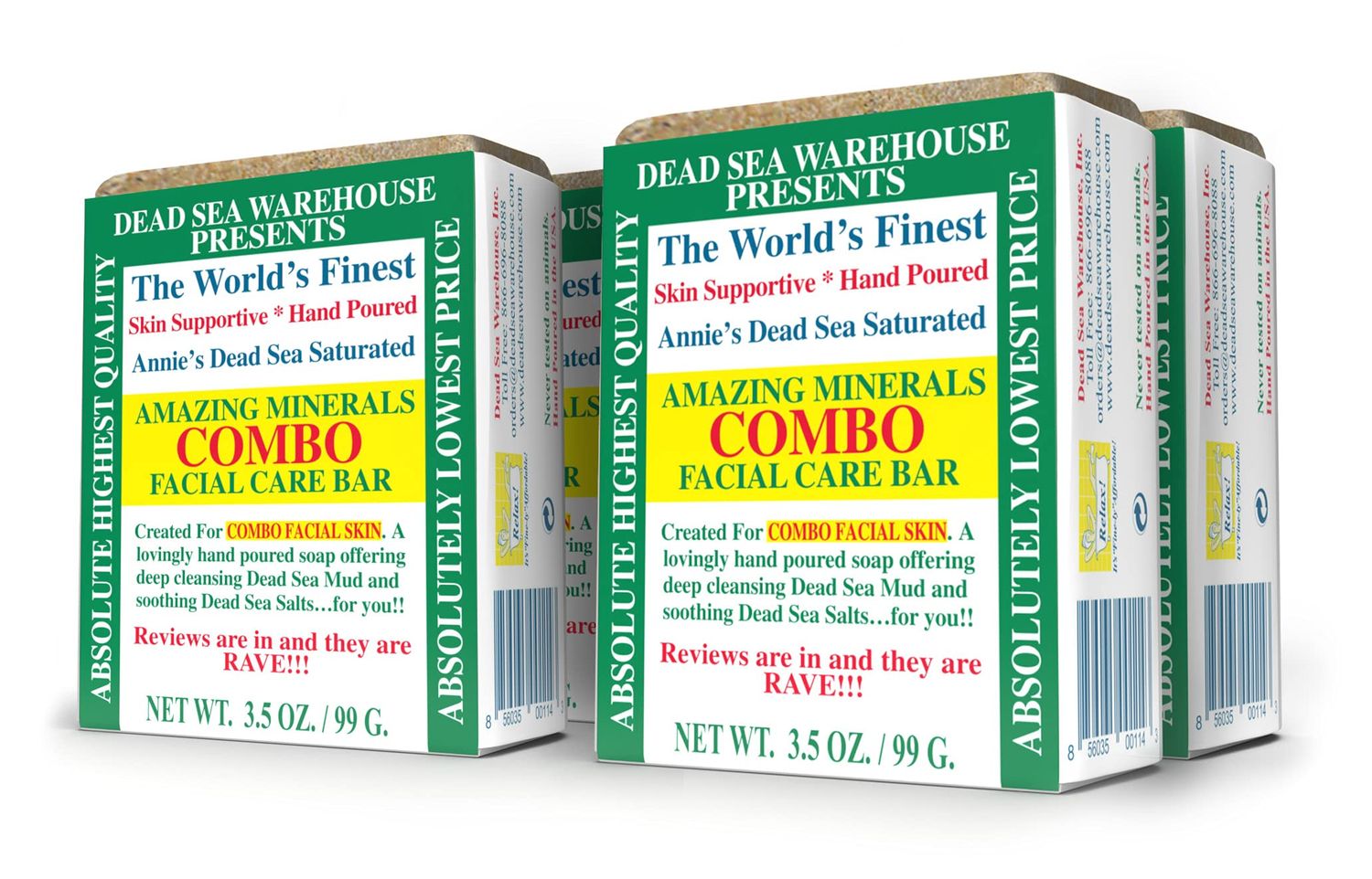 Dead Sea Warehouse - Amazing Minerals Combo Facial Care Bar - 3.5 OZ - Dead Sea Salt &amp; Mud Soap - All Natural - Combination Skin Cleanser - 4-Pack