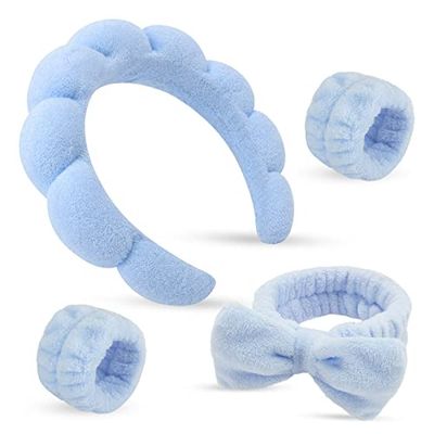 ATROCH Sponge Spa Headbands for Women &amp; Wristband Set,Puffy Makeup Headband Set for Washing Face,Soft Towel Skin Care Head Band,Cute Hair Band Shower 4 Pcs