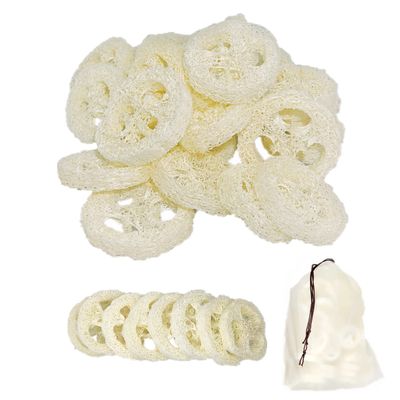 25Pcs Natural Loofah Slices of 2In, Reusable Natural Loofah Cuts for Cleaner Sponge Scrubber, Facial Soap Holder and DIY Customize Soap Tools for Wholesome Skin Care and Exfoliation with 1 Storage Bag