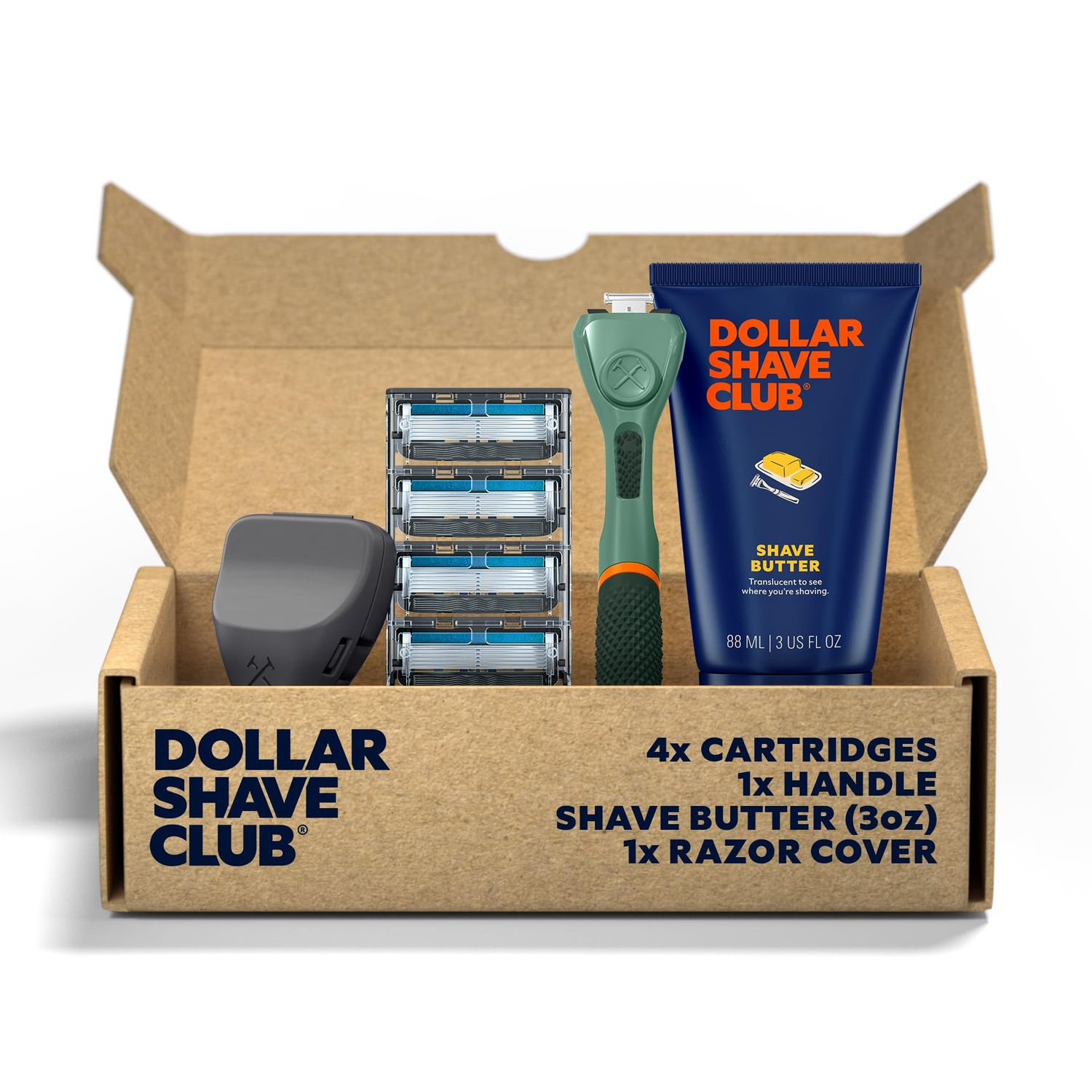 Dollar Shave Club | The Member Exclusive Shave Set | 4 Extra Close Refill Cartridges, 1 Handle (Green), 1 Shave Butter 3 ounce, 1 Razor Cover
