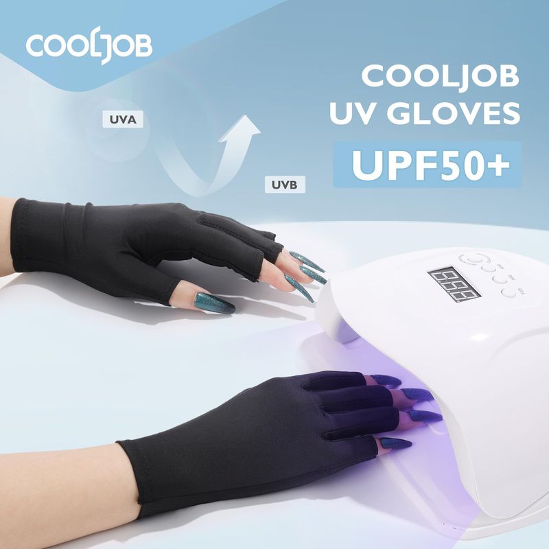 COOLJOB Anti-UV Gloves for Nail Lamp, Professional UPF50+ UV Protection Glove for Manicures, Art Skin Care Fingerless, Women Men Protect Hands from Sun and Nail Dryer Harm, Black, 1 Pair