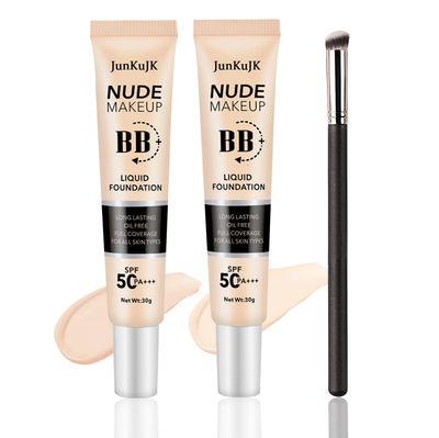 2PCS Hydrating BB Cream,Full Coverage Concealer Liquid Foundation for All Skin Types,Face Sunscreen SPF 50 PA++++ Long Lasting Moisturizing Oil Control Foundation Makeup Brush SetIvory &amp; Natural