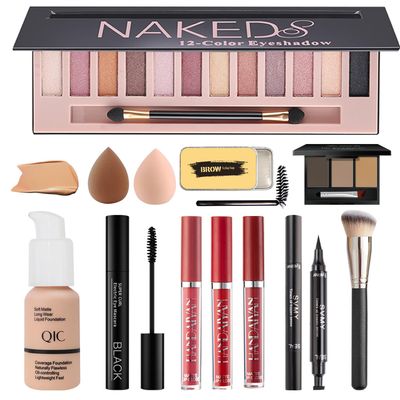 All in One Makeup Kit for Women Full Kit, Includes 12 Colors Naked Eyeshadow,Liquid Foundation, Lipstick Set, Mascara, Makeup Brush, Makeup Sponge, Eyebrow Powder, Eyebrow Soap, Eyeliner Stamp(#104)