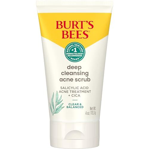 Burts Bees Clear and Balanced Deep Cleansing Acne Scrub, Salicylic Acid Acne Treatment with Cica, Facial Cream Exfoliator Helps Unclog Pores and Reduce Acne, 4 Oz