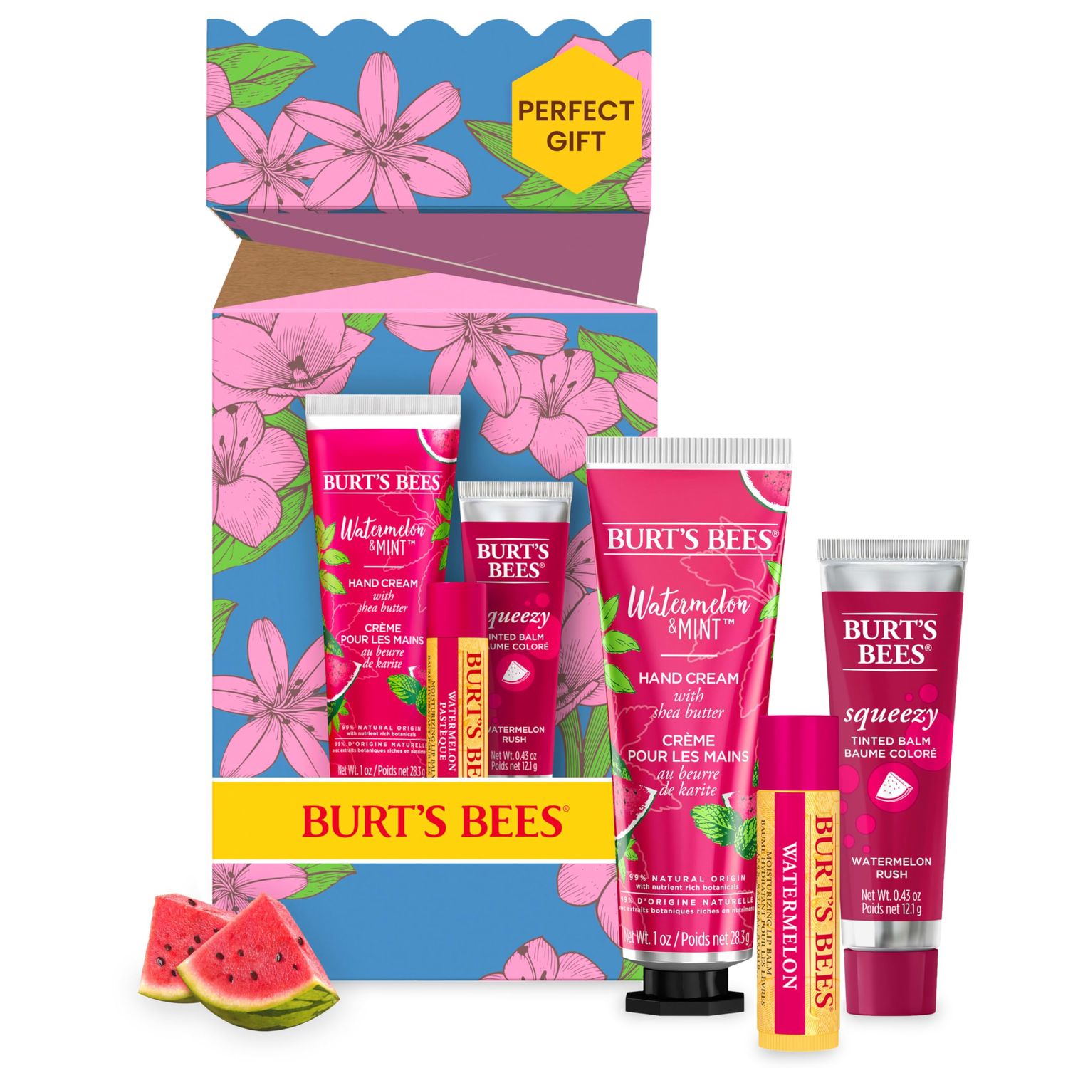 Burt&#39;s Bees Mothers Day Gifts for Mom, 3 Self Care Products, You&#39;re One in a Melon - Watermelon &amp; Mint Hand Cream, Watermelon Lip Balm &amp; Watermelon Rush Squeezy Tinted Lip Balm (Packaging May Vary)