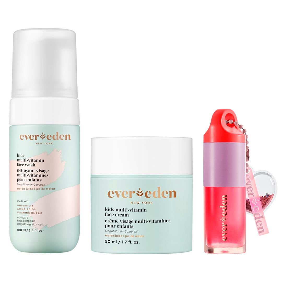 Evereden Happy Kids Skin &amp; Lips Routine - Multi-Vitamin Kids Face Wash &amp; Kids Face Cream &amp; Tinted Lip Oil Set - Clean &amp; Vegan Skin Care for Kids 3+ - Moisturizing, Nourishing, &amp; Protective Kids Skin