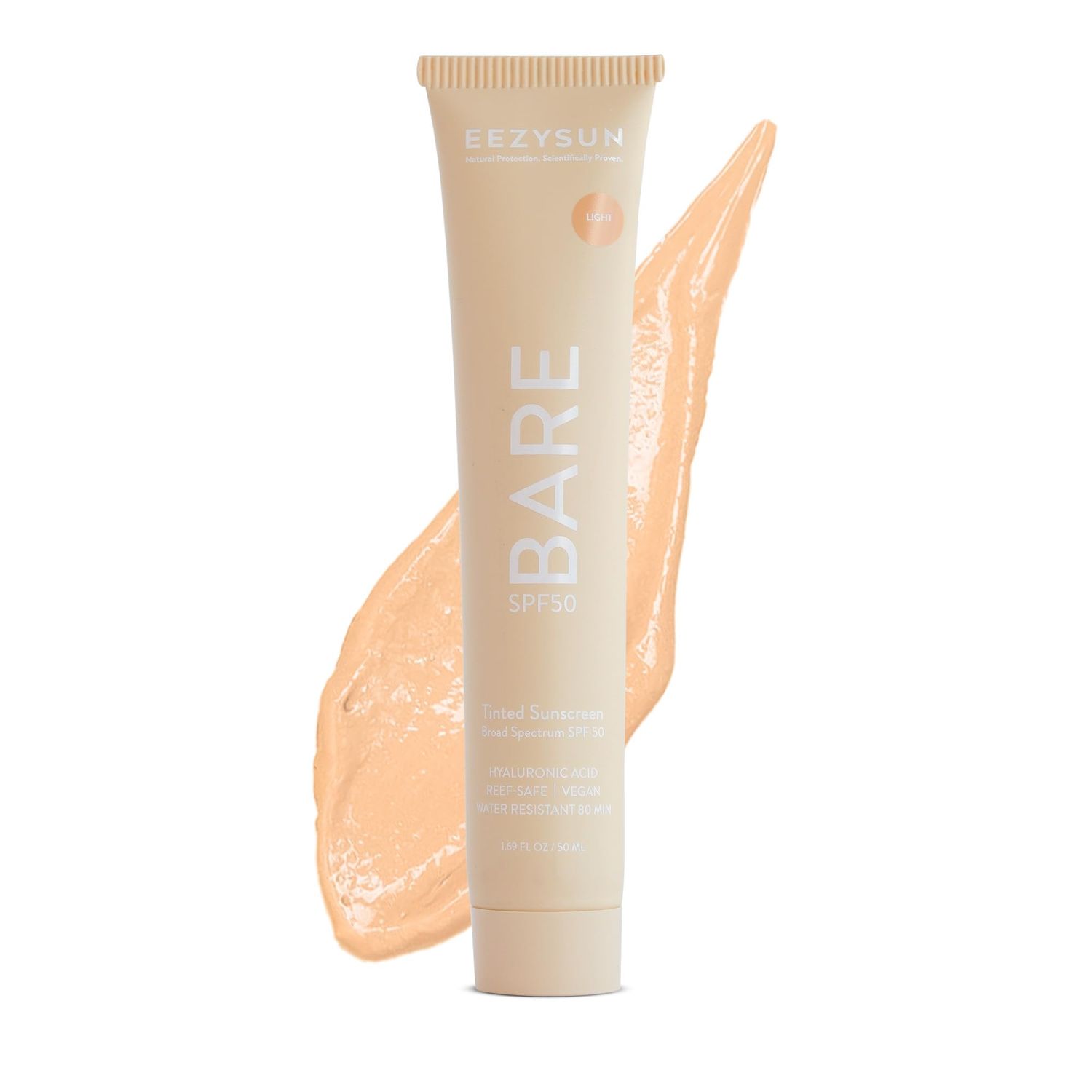 EEZYSUN BARE Tinted Sunscreen SPF 50 - Non-Greasy, Water-Resistant, Vegan &amp; Reef-Safe with Hyaluronic Acid &amp; Jojoba Oil - 1.69 fl oz - Light