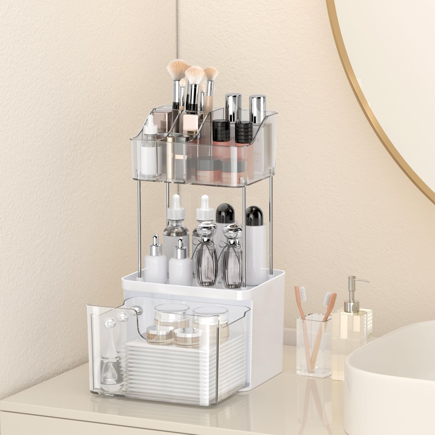 DOADW Bathroom Countertop Organizer with Drawer - 3 Tier Makeup Organizer for Vanity - Medium Clear Multi-Purpose Makeup Skin Care Organizer