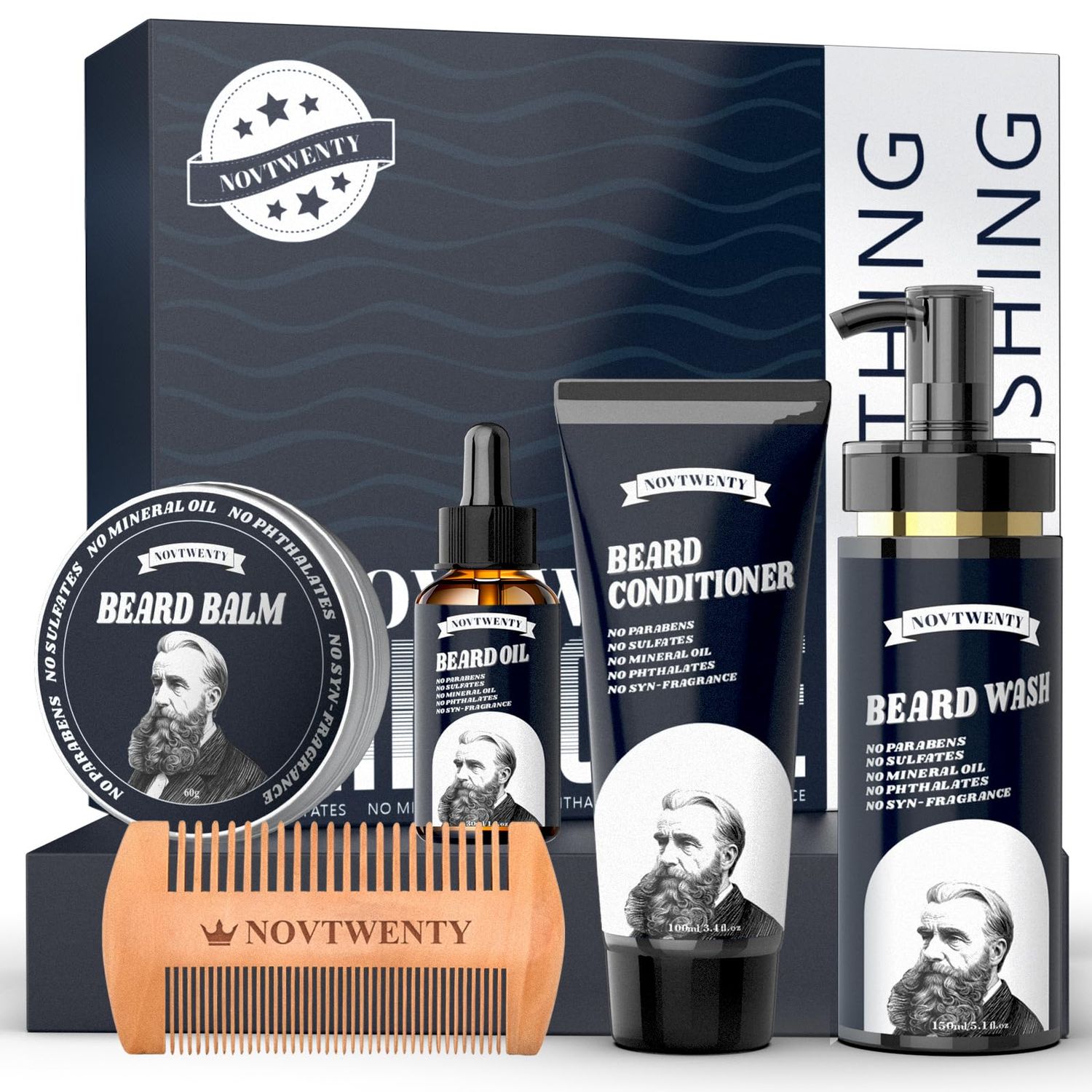 Beard Growth Kit - Mobiuty Men&#39;s Beard Care Kit with Natural Ingredients, Includes Beard Wash, Beard Oil, Beard Conditioner, Beard Balm and Beard Comb, Gift Set for Boyfriend Husband Fathers