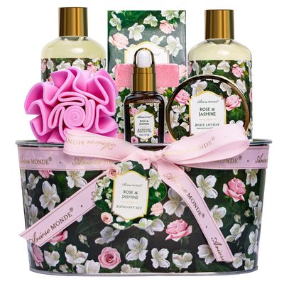 Gift Basket for Women - 8 Pc Rose &amp; Jasmine Beauty &amp; Personal Care Set - Home Bath Pampering Package for Relaxing - Spa Self Care Kit - Thank You, Birthday, Mom, Anniversary, Christmas Gift