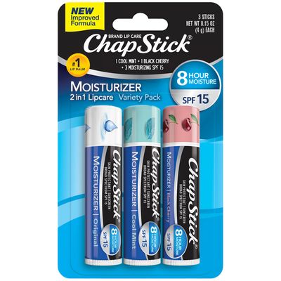 ChapStick Moisturizer 2-in-1 Lipcare SPF 15, Original, Black Cherry, Cool Mint, 3-Pack -Sunscreen Lip Balm with Aloe Vera and Vitamin E, 0.15 Oz Ea