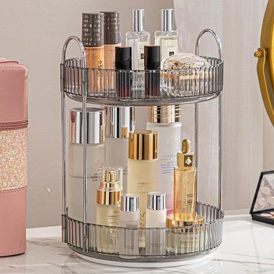 CESTATIVO Makeup Organizer for Vanity, 360 Rotating Bathroom Organizer Countertop, High-Capacity Skincare Organizer, Spinning Cosmetics Organizer for Dresser Countertop (2 Tiers, Grey)