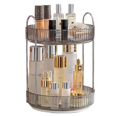 CESTATIVO Makeup Organizer for Vanity, 360 Rotating Bathroom Organizer Countertop, High-Capacity Skincare Organizer, Spinning Cosmetics Organizer for Dresser Countertop (2 Tiers, Grey)