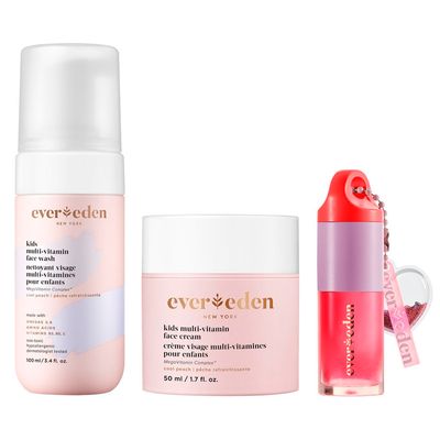 Evereden Happy Kids Skin &amp; Lips Routine - Multi-Vitamin Kids Face Wash &amp; Kids Face Cream &amp; Tinted Lip Oil Set - Clean &amp; Vegan Skin Care for Kids 3+ - Moisturizing, Nourishing, &amp; Protective Kids Skin