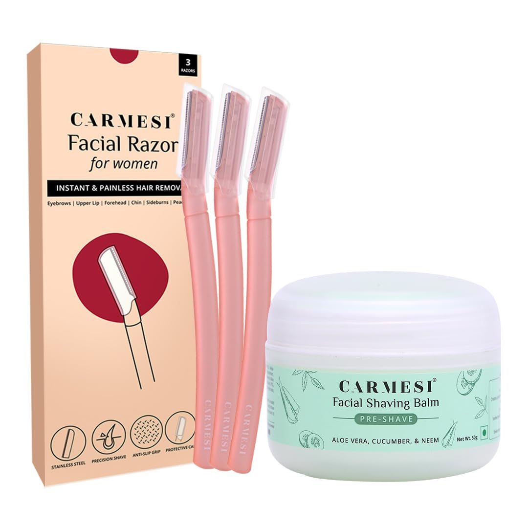 Carmesi Facial Shaving Kit | Face Razors (3 Count) + Shaving Gel (1.76 Oz/50g) | Painless Hair Removal | Prevents Nicks &amp; Cuts | for Peach Fuzz, Eyebrow, Chin &amp; Upper Lip