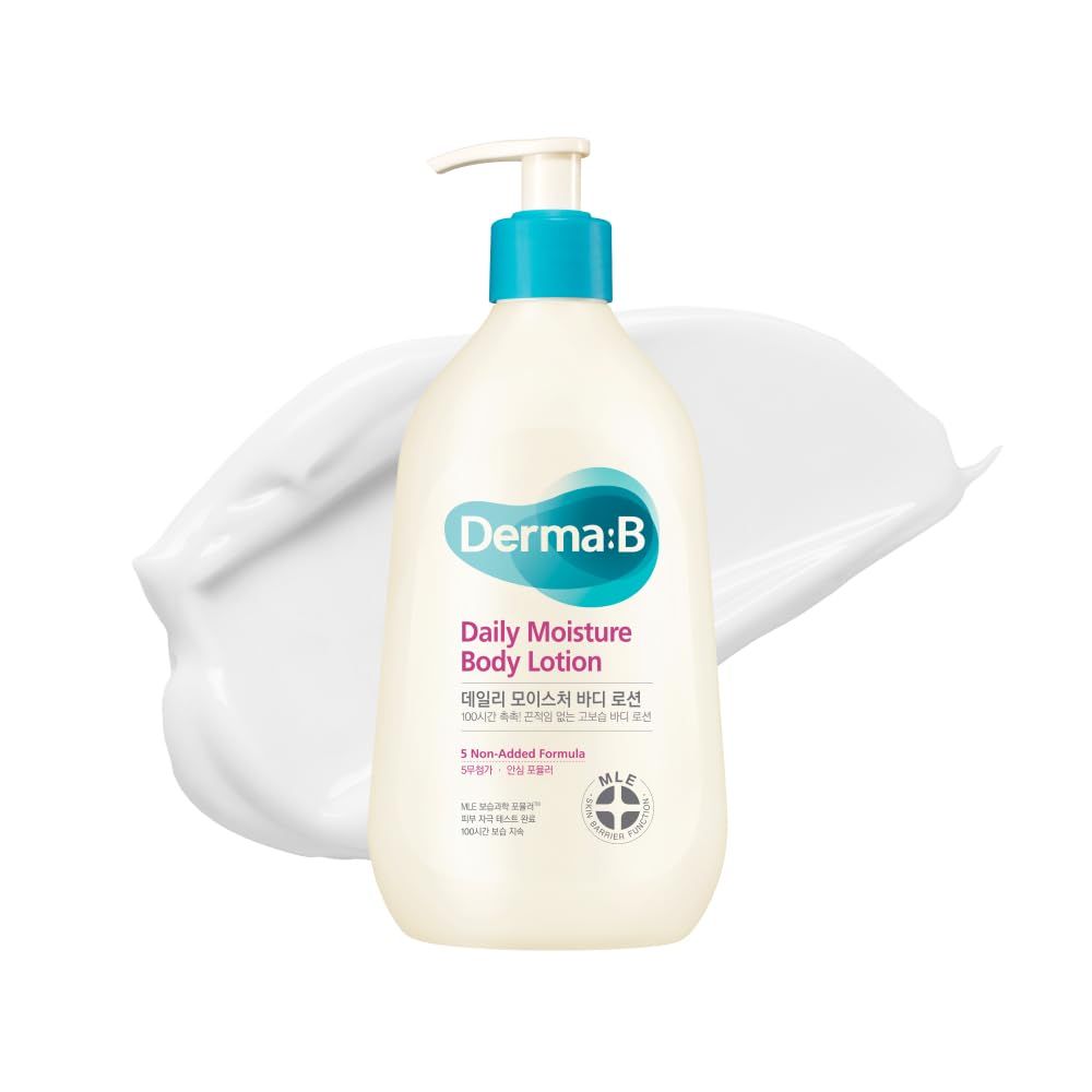 DERMA B Daily Moisture Body Lotion, Non-Greasy Long-Lasting Moisturizer for Dry &amp; Sensitive Skin with Olive Oil &amp; Allantoin, Woody &amp; Powdery Scented Skincare with Panthenol,13.5 Fl Oz, 400ml,Kbeauty