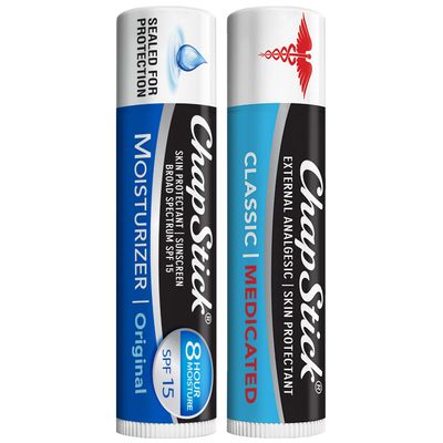 ChapStick Dry Lips &amp; Cold Sore Pain Relief Bundle - Classic Medicated ChapStick + Original Moisturizer Lip Balm with SPF 15, 0.15 Oz Ea (2 Piece Set)