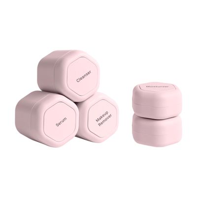 Cadence Travel Containers - Core Skincare Set - Magnetic Travel Capsules - 2 Small (0.56oz) &amp; 3 Medium Capsules (1.32oz) with Cleanser, Moisturizer, Serum, Makeup Remover &amp; Sun-Icon Label - Petal