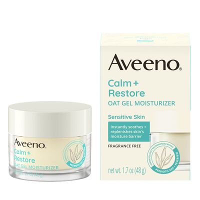 Aveeno Calm + Restore Oat Gel Facial Moisturizer for Sensitive Skin, Fast-Absorbing, Soothing Lightweight Gel Cream with Prebiotic Oat &amp; Feverfew, Fragrance-Free &amp; Hypoallergenic, 1.7 oz