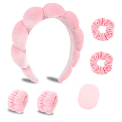 CAVETEE Makeup Headband for Women, Pink Skincare Headband for Washing Face, Cute Puffy Spa Headband with Wristband Scrunchies and Soft Compressed Facial Sponges for Women Girl
